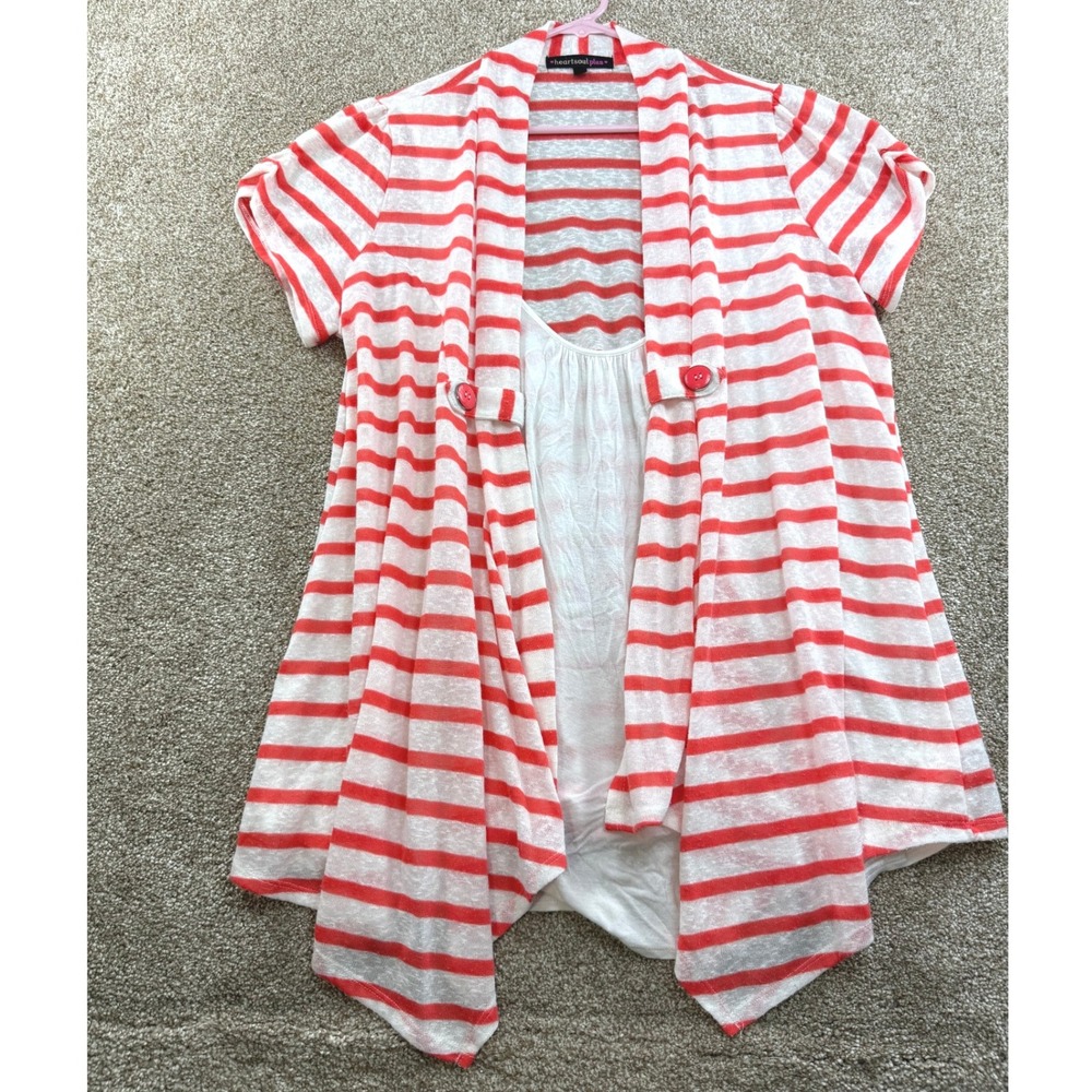 Y2K Heartsoul Plus Womens 2X Red White Striped Layered Short Sleeve Cardigan Top